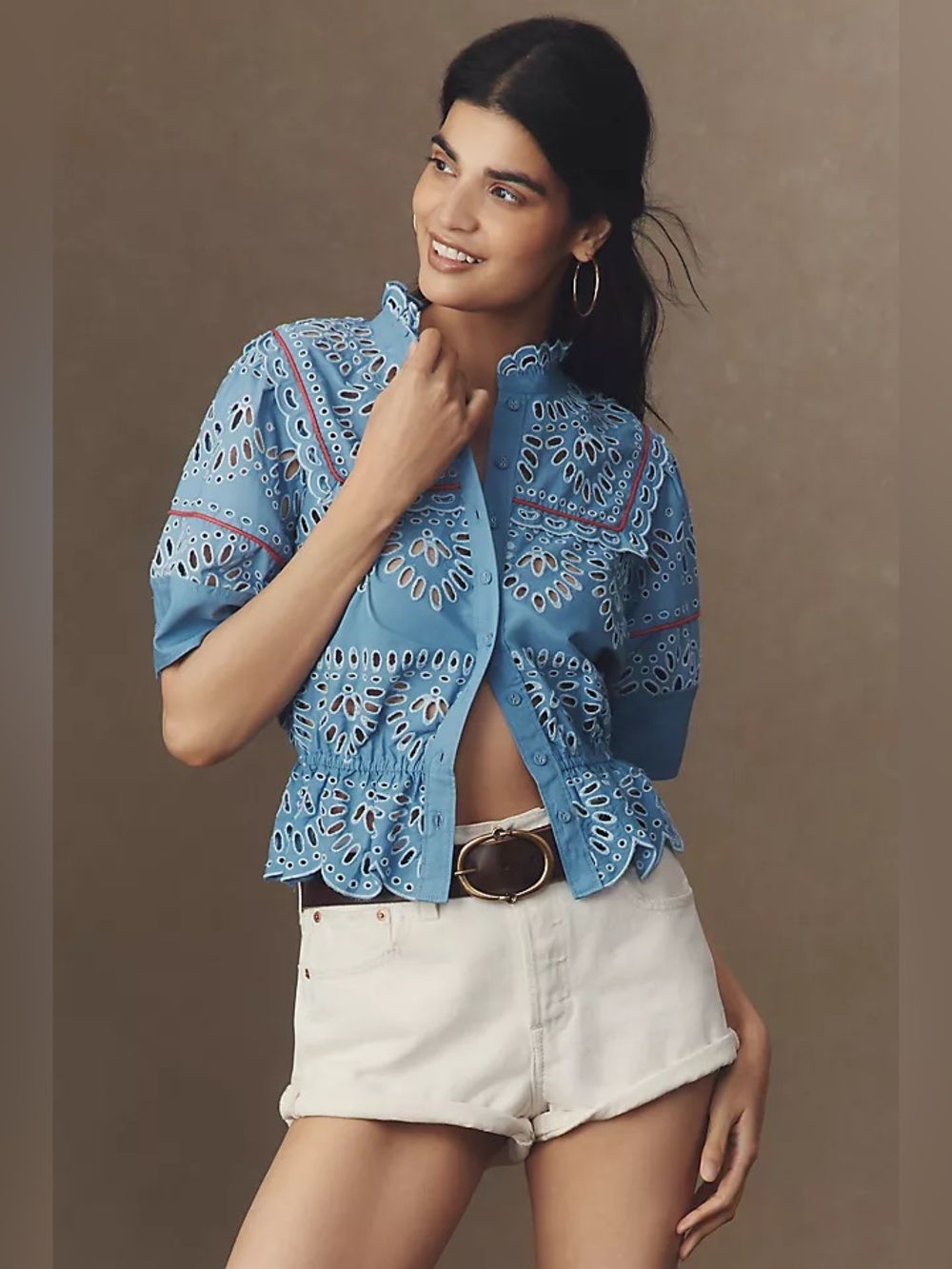 Anthropologie Maeve Eyelet Buttondown Peplum Blouse NWT